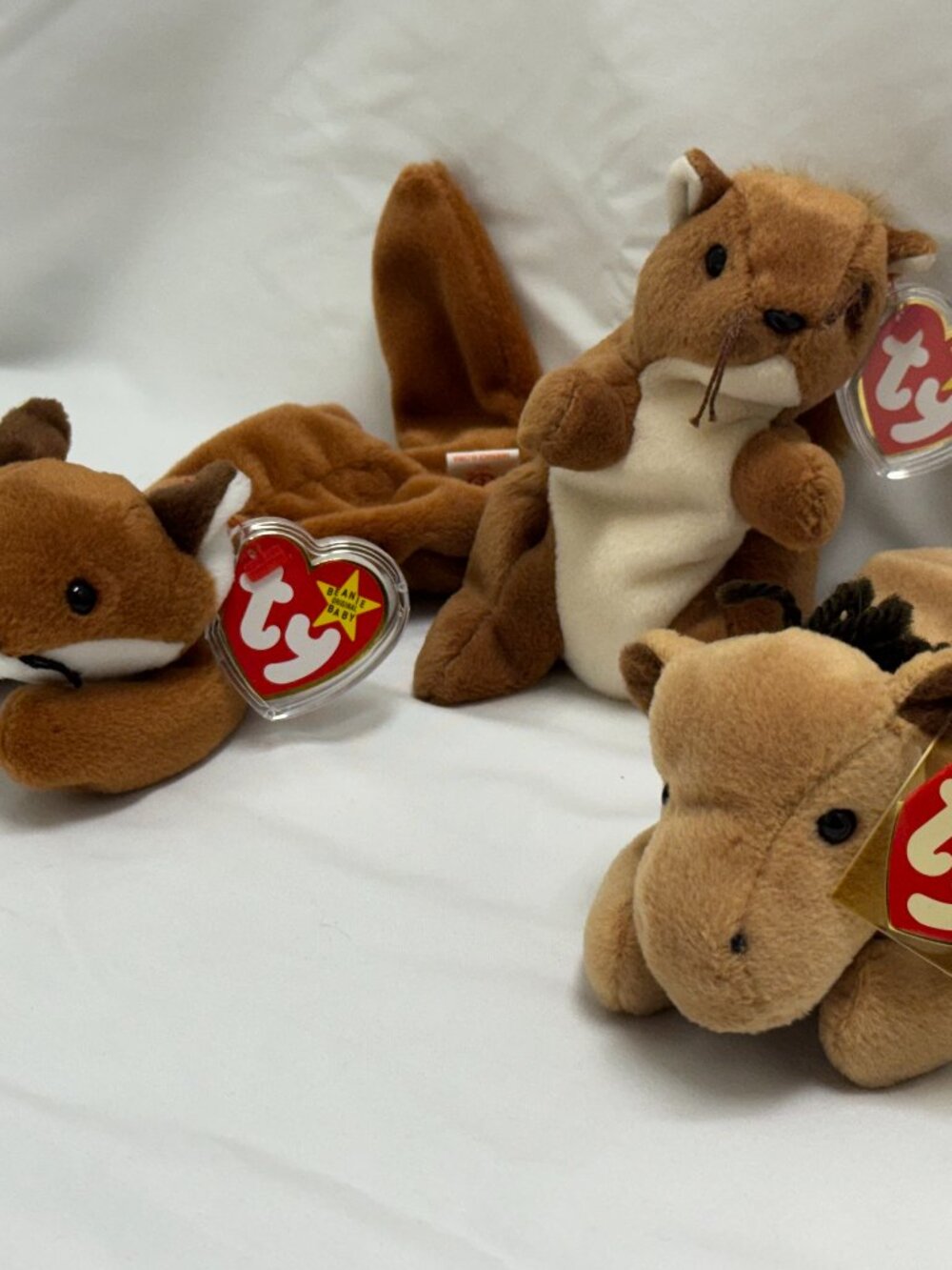 Vintage Ty Beanie Babies Lot 3 Sly Fox Nuts Squirrel Derby Horse MWMT